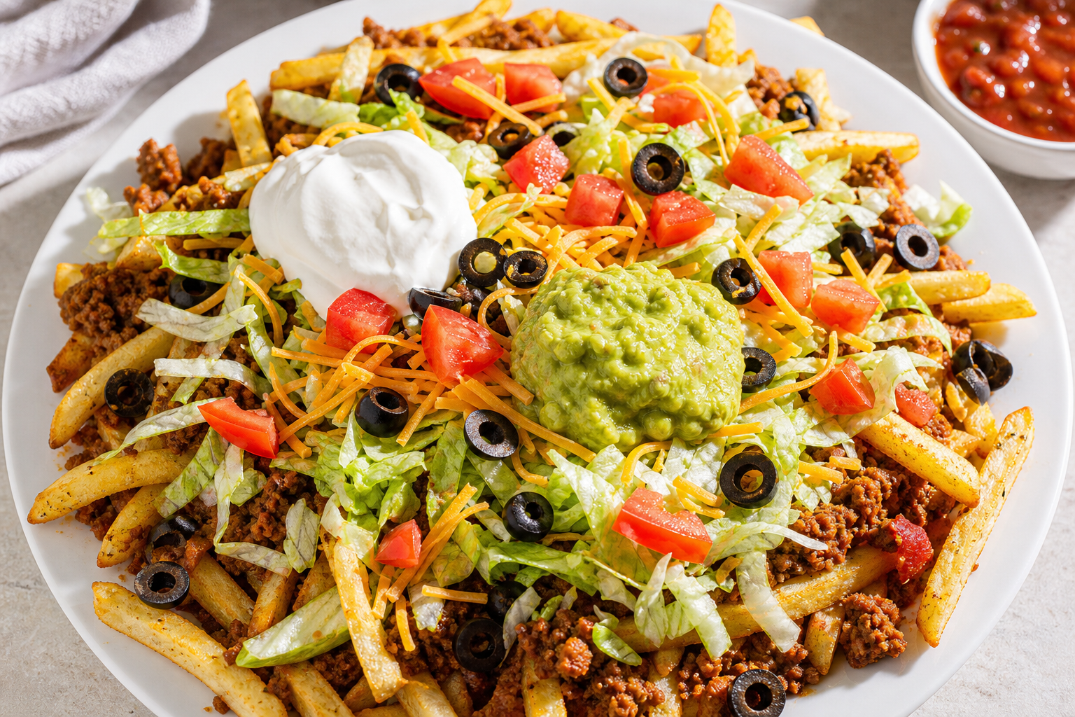 White platter of fries topped with taco beef, lettuce, tomatoes, olives, cheddar, sour cream, and guacamole