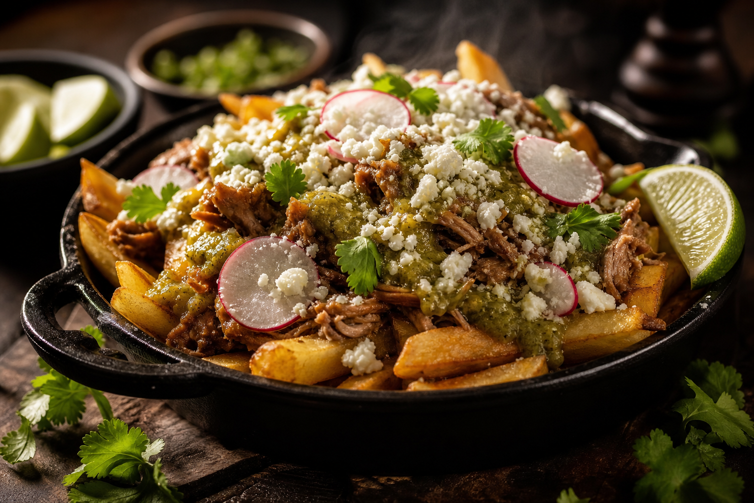 Cast iron pan of fries loaded with carnitas, salsa verde, cotija cheese, radish, and lime