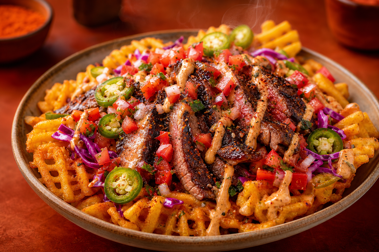 Waffle fries with grilled carne asada, pico de gallo, chipotle crema, and pickled jalapeños
