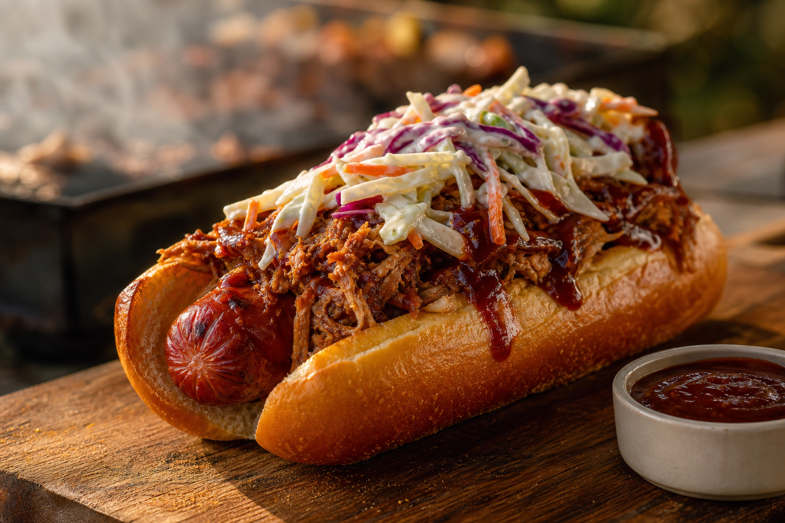 10 Loaded Hot Dog Ideas 15 BBQ pulled pork hot dog on brioche bun with coleslaw and BBQ sauce on wooden board