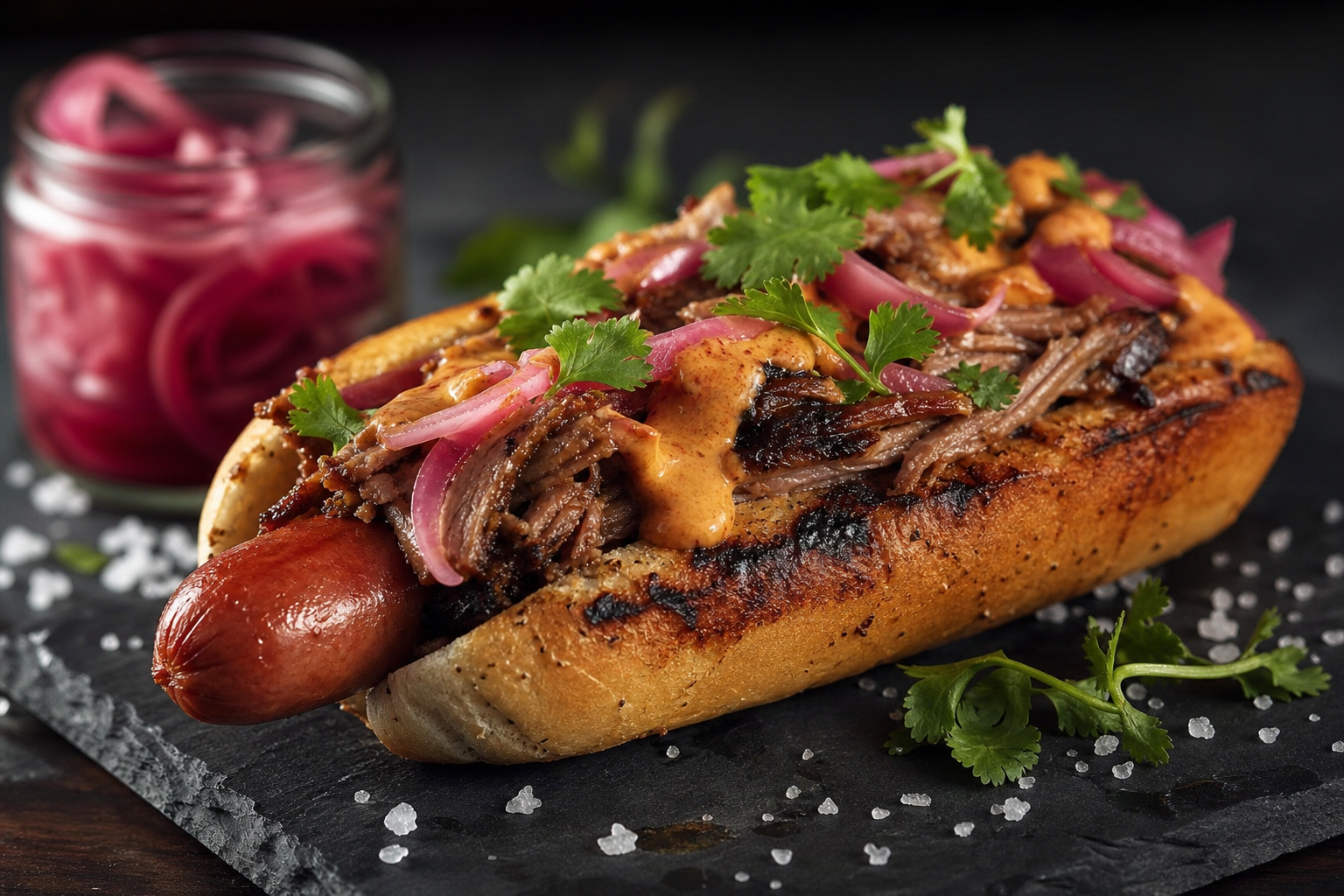 10 Loaded Hot Dog Ideas 16 Smoked brisket hot dog with pickled onions chipotle sauce and cilantro on slate board