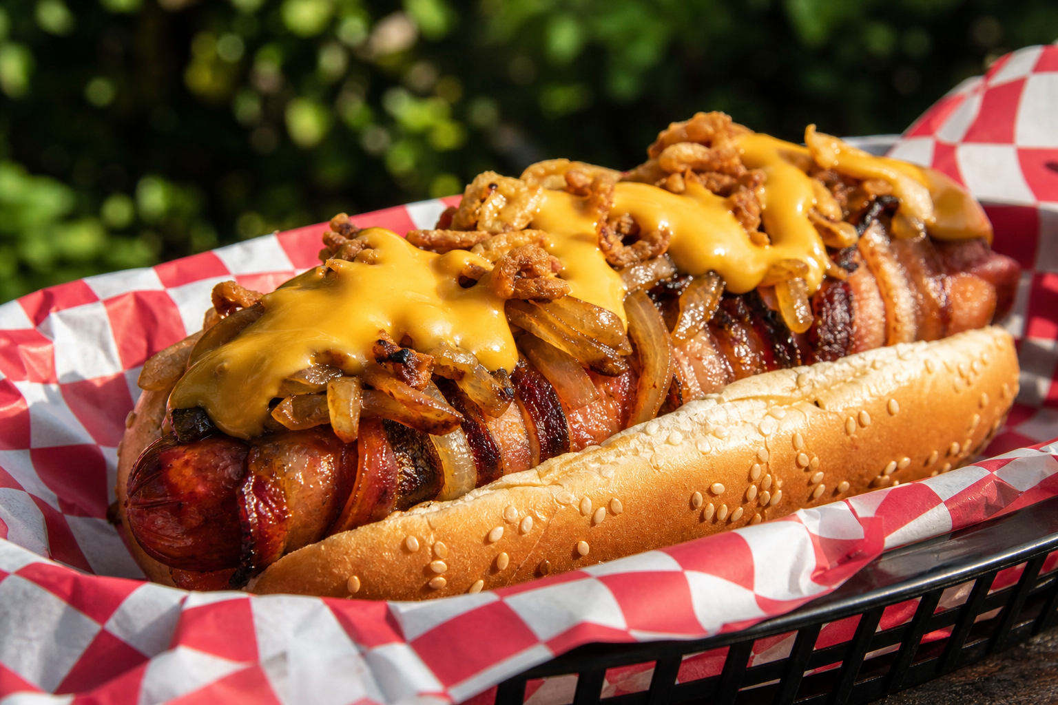 10 Loaded Hot Dog Ideas 17 Bacon-wrapped hot dog with cheddar sauce caramelized onions and crispy fried onions in basket