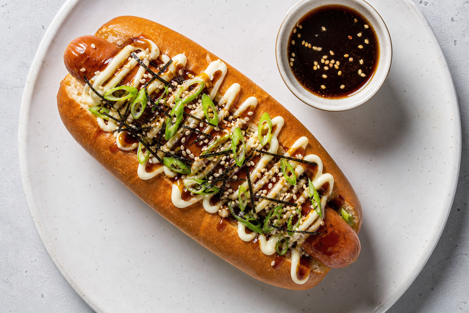 10 Loaded Hot Dog Ideas 18 Japanese-style hot dog with teriyaki glaze Japanese mayo scallions and sesame seeds on white plate