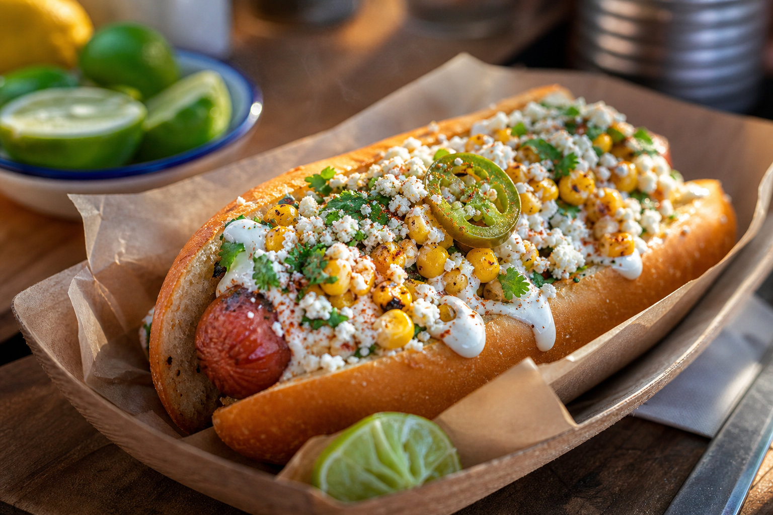 10 Loaded Hot Dog Ideas 19 Mexican elote hot dog with cotija cheese grilled corn lime crema and pickled jalapeños on wooden tray