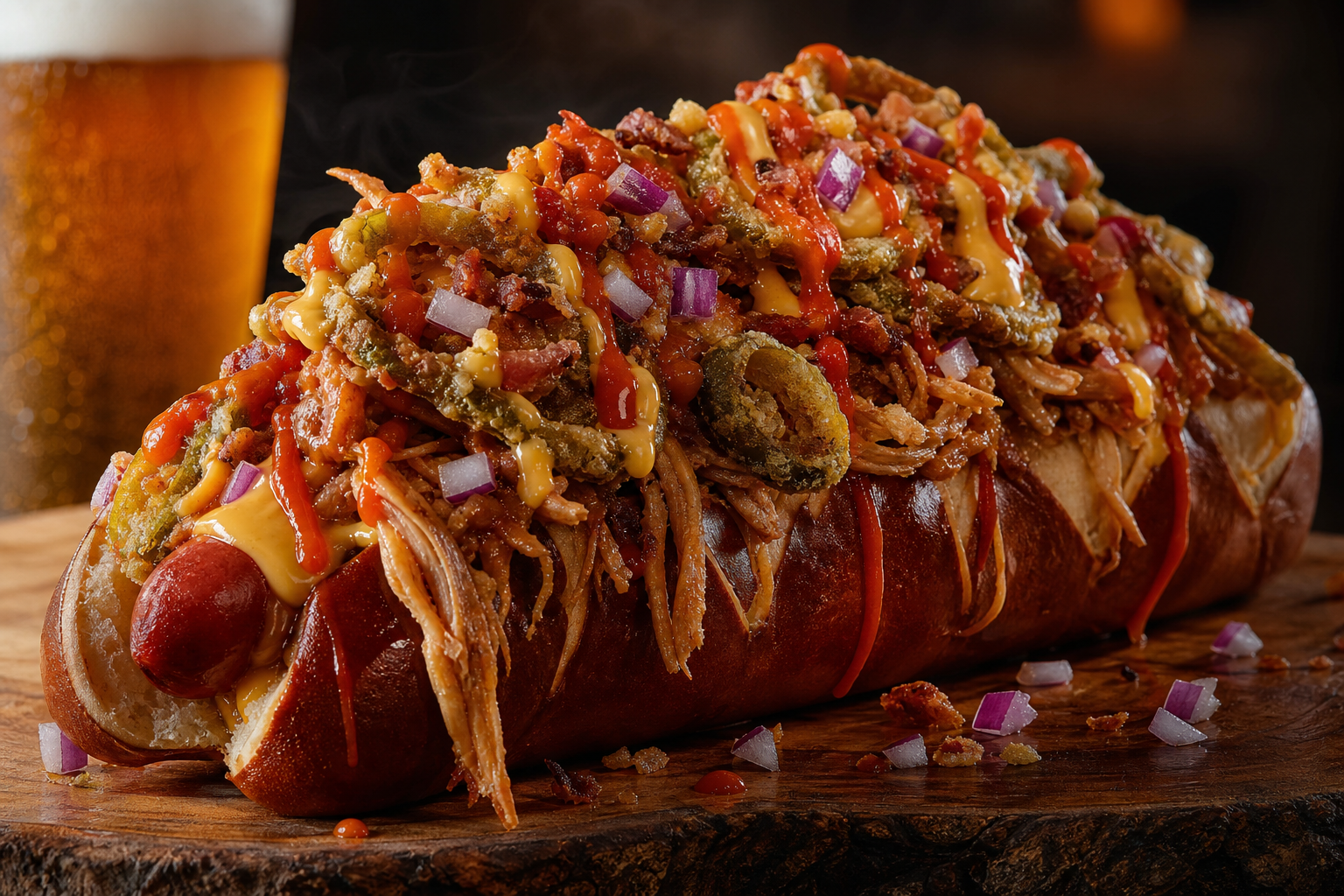 10 Loaded Hot Dog Ideas 20 Overloaded party hot dog with BBQ chicken nacho cheese jalapeños bacon and sriracha in pretzel bun