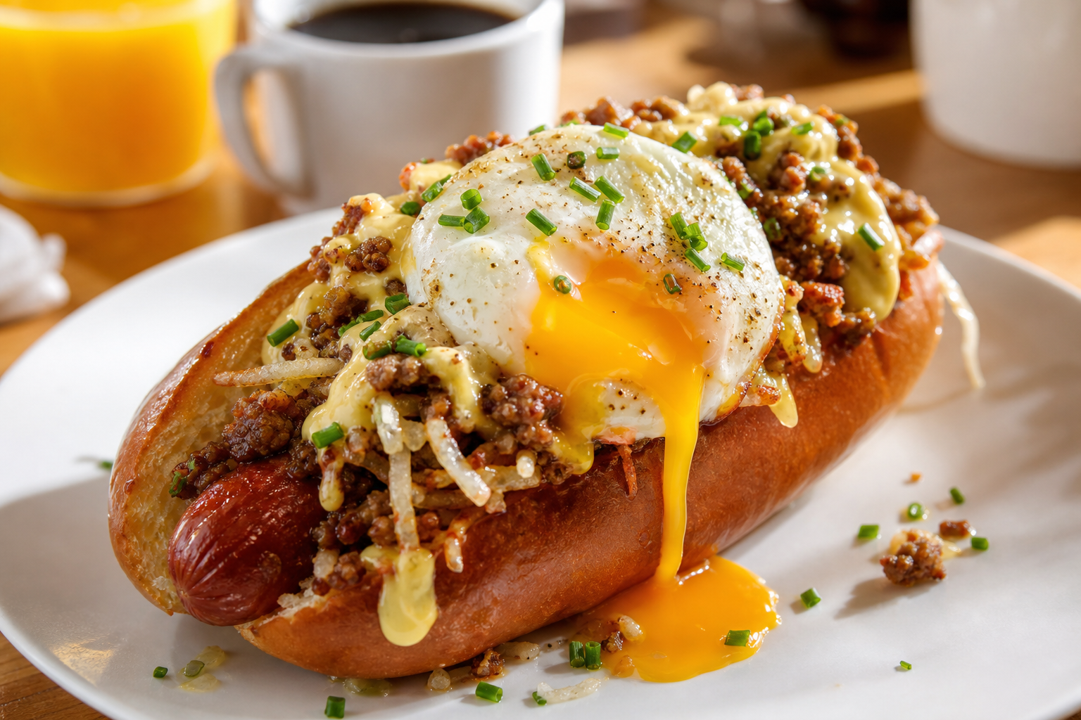 10 Loaded Hot Dog Ideas 21 Breakfast hot dog with runny fried egg hash browns sausage crumble and hollandaise on brioche bun