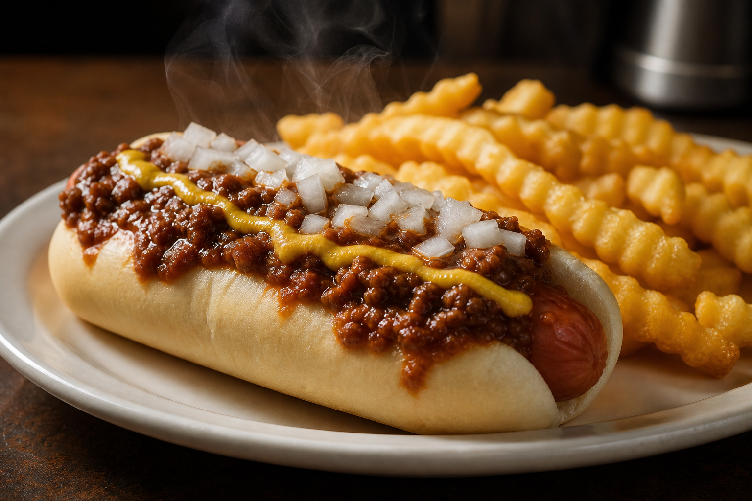 10 Loaded Hot Dog Ideas 13 Detroit Coney Island hot dog with beanless chili sauce mustard and diced onions on diner plate