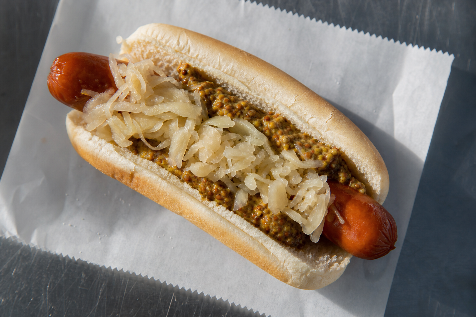 10 Loaded Hot Dog Ideas 14 New York street cart hot dog with spicy brown mustard and sauerkraut on wax paper