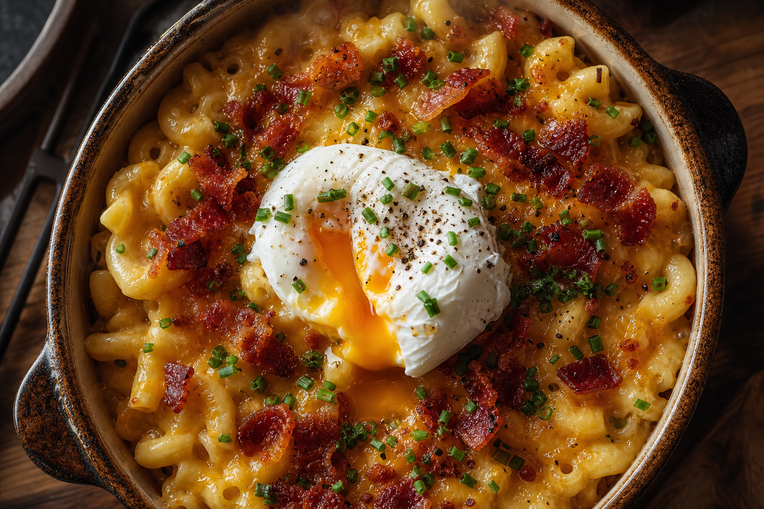15 Mac and Cheese Topping Ideas to Upgrade Dinner 20 Creamy mac and cheese in a crock topped with crispy bacon and a runny poached egg