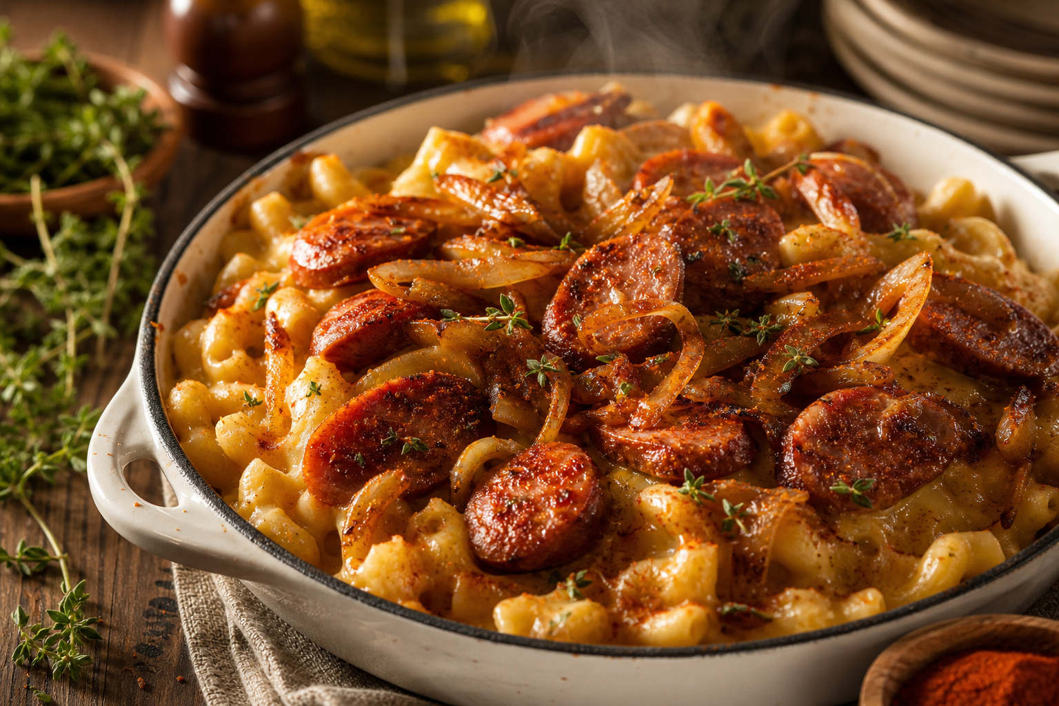 15 Mac and Cheese Topping Ideas to Upgrade Dinner 21 Skillet mac and cheese topped with sliced smoked sausage and sweet caramelized onions