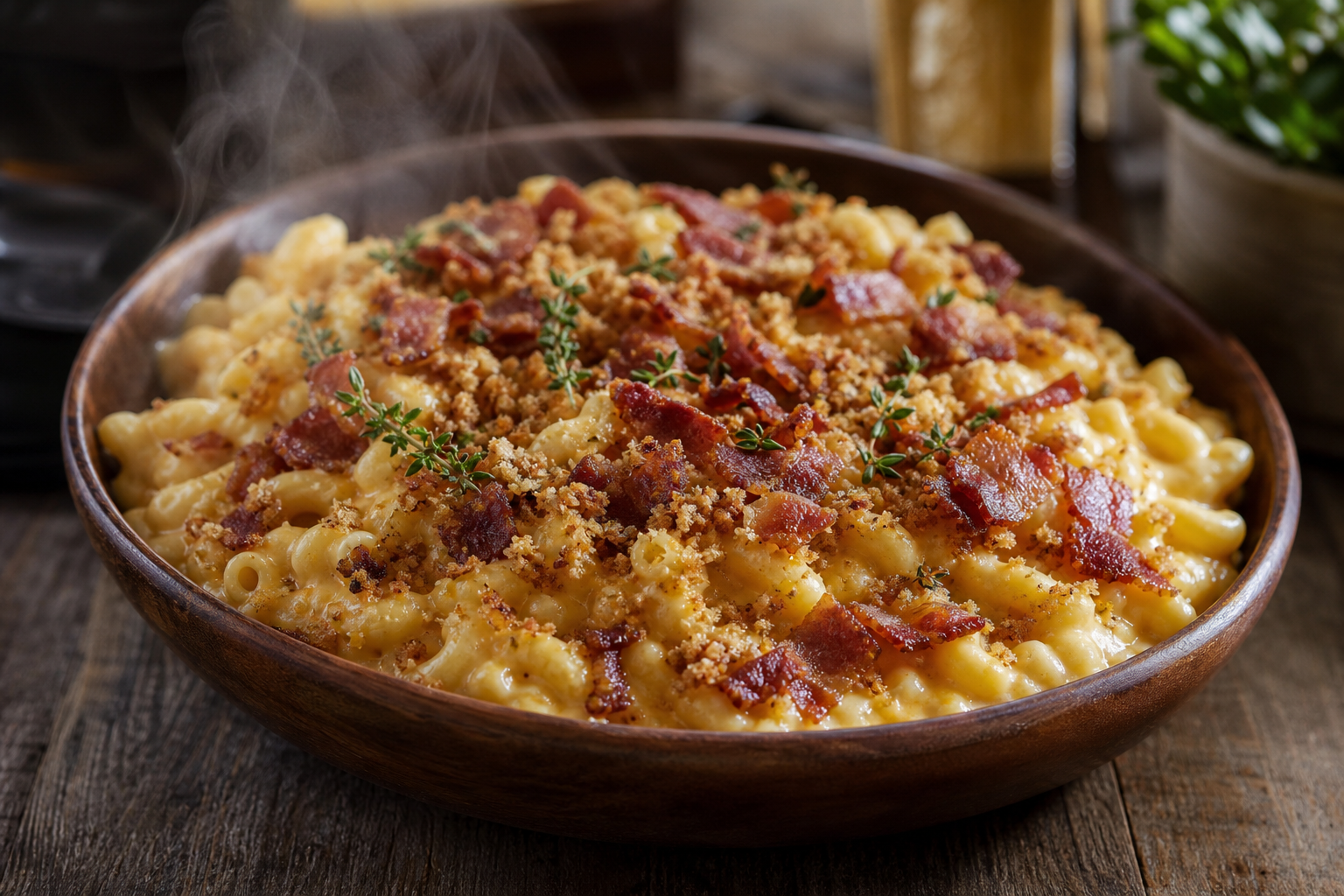 15 Mac and Cheese Topping Ideas to Upgrade Dinner 22 Wooden bowl of mac and cheese with thick-cut bacon and buttery toasted breadcrumbs