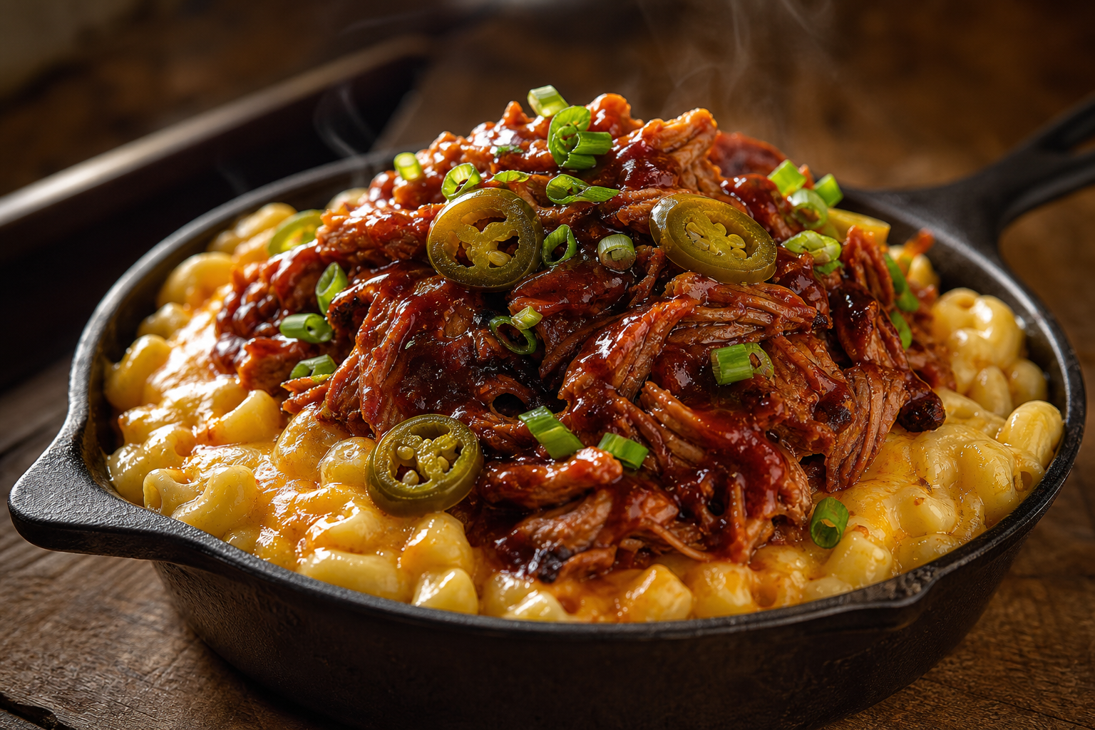 15 Mac and Cheese Topping Ideas to Upgrade Dinner 17 Cast iron skillet of mac and cheese topped with pulled pork and pickled jalapeños