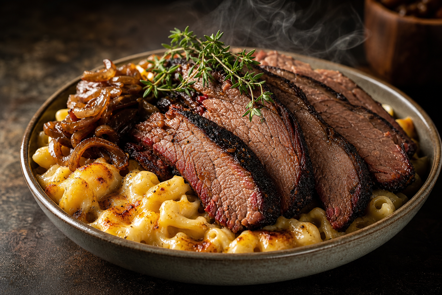 15 Mac and Cheese Topping Ideas to Upgrade Dinner 18 Ceramic bowl of mac and cheese with thick slices of smoky beef brisket and caramelized onions