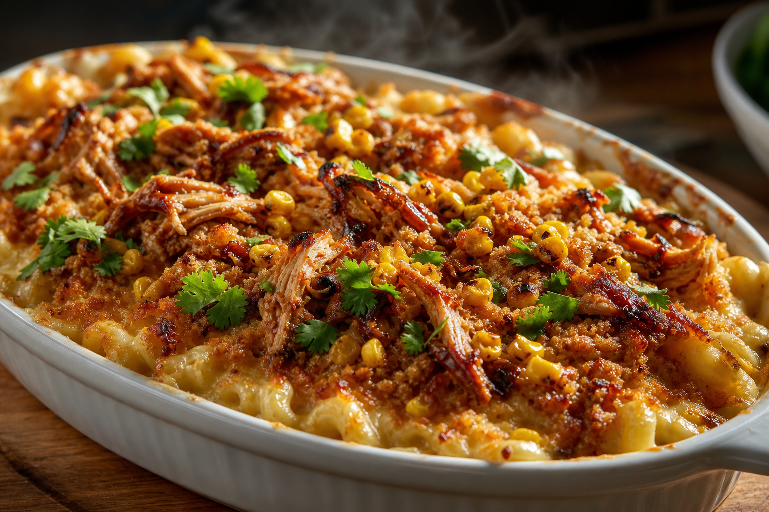 15 Mac and Cheese Topping Ideas to Upgrade Dinner 19 Baked mac and cheese topped with shredded BBQ chicken and charred corn with crispy breadcrumbs