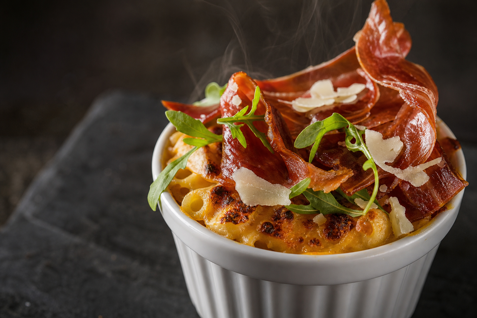 15 Mac and Cheese Topping Ideas to Upgrade Dinner 29 Individual ramekin of baked mac and cheese topped with crispy prosciutto, micro arugula, and pecorino