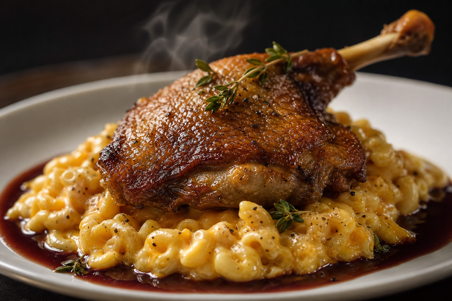 15 Mac and Cheese Topping Ideas to Upgrade Dinner 30 Fine dining plate of mac and cheese with crispy seared duck confit and red wine reduction