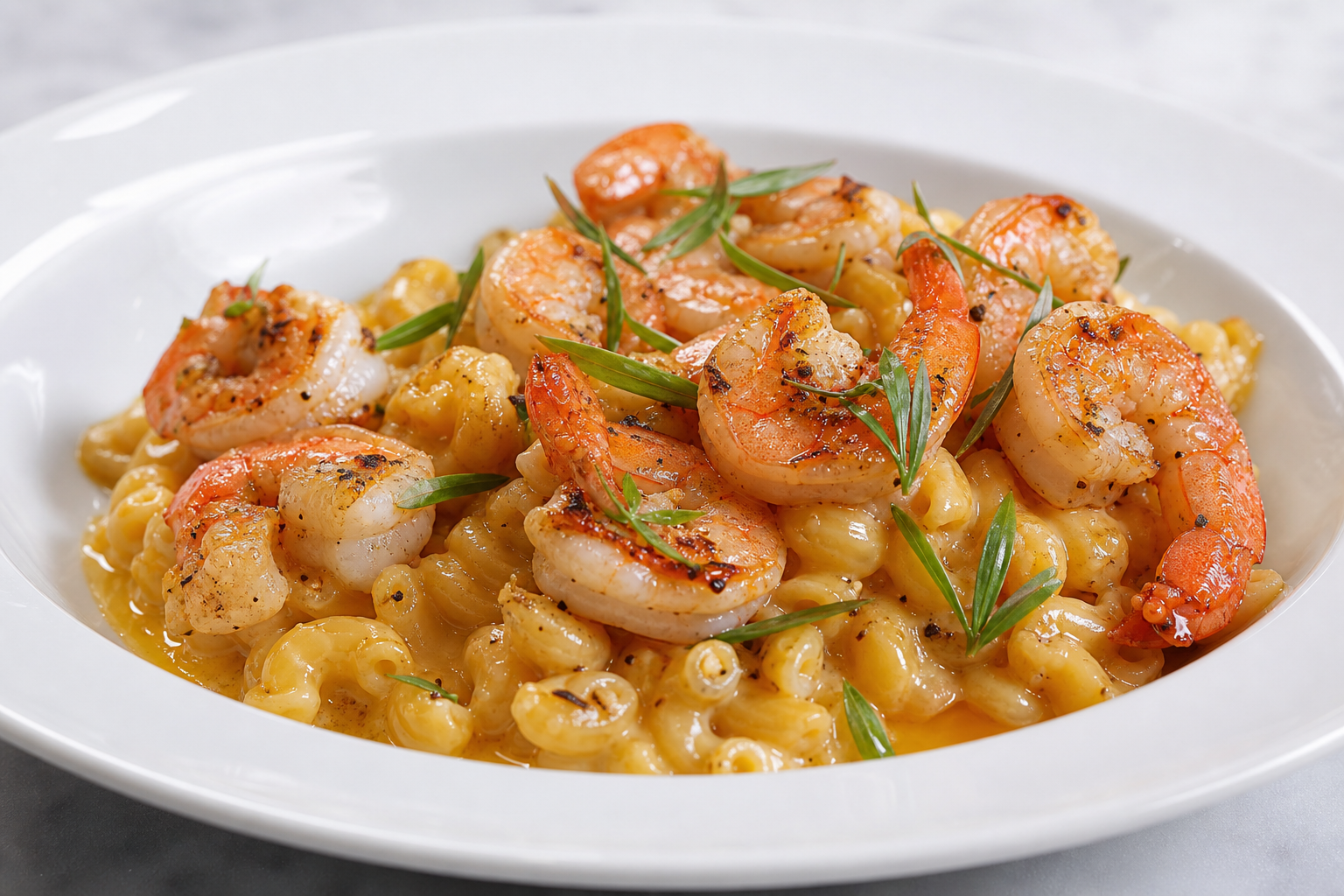 15 Mac and Cheese Topping Ideas to Upgrade Dinner 23 Elegant plate of mac and cheese topped with sautéed shrimp in lemon butter sauce and tarragon