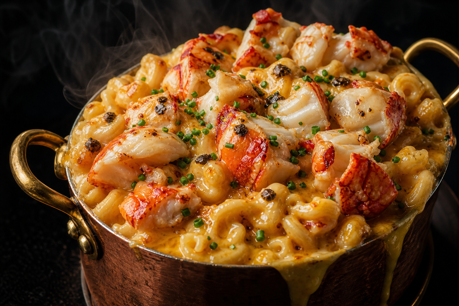 15 Mac and Cheese Topping Ideas to Upgrade Dinner 24 Copper pot of mac and cheese overflowing with butter-poached lobster chunks and chives