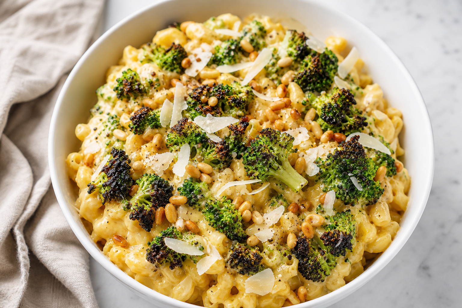 15 Mac and Cheese Topping Ideas to Upgrade Dinner 26 White bowl of mac and cheese loaded with charred roasted broccoli, pine nuts, and shaved parmesan