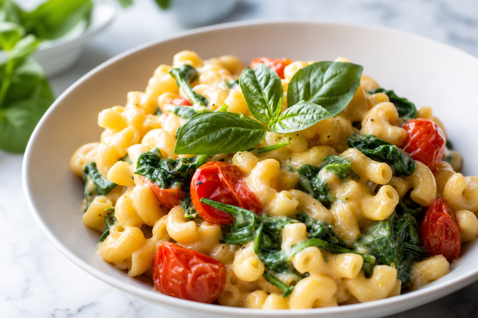 15 Mac and Cheese Topping Ideas to Upgrade Dinner 28 Pasta bowl of mac and cheese with wilted spinach, burst cherry tomatoes, and fresh basil