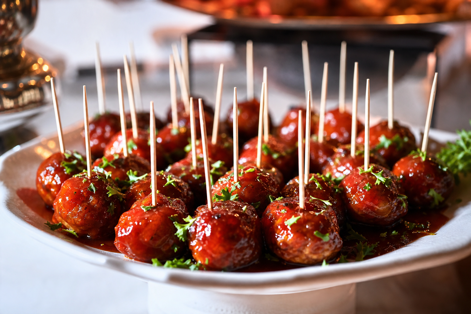 15 Meatball Recipe Ideas for Every Occasion 26 Cocktail meatballs on toothpicks with glossy sweet chili sauce on a party platter