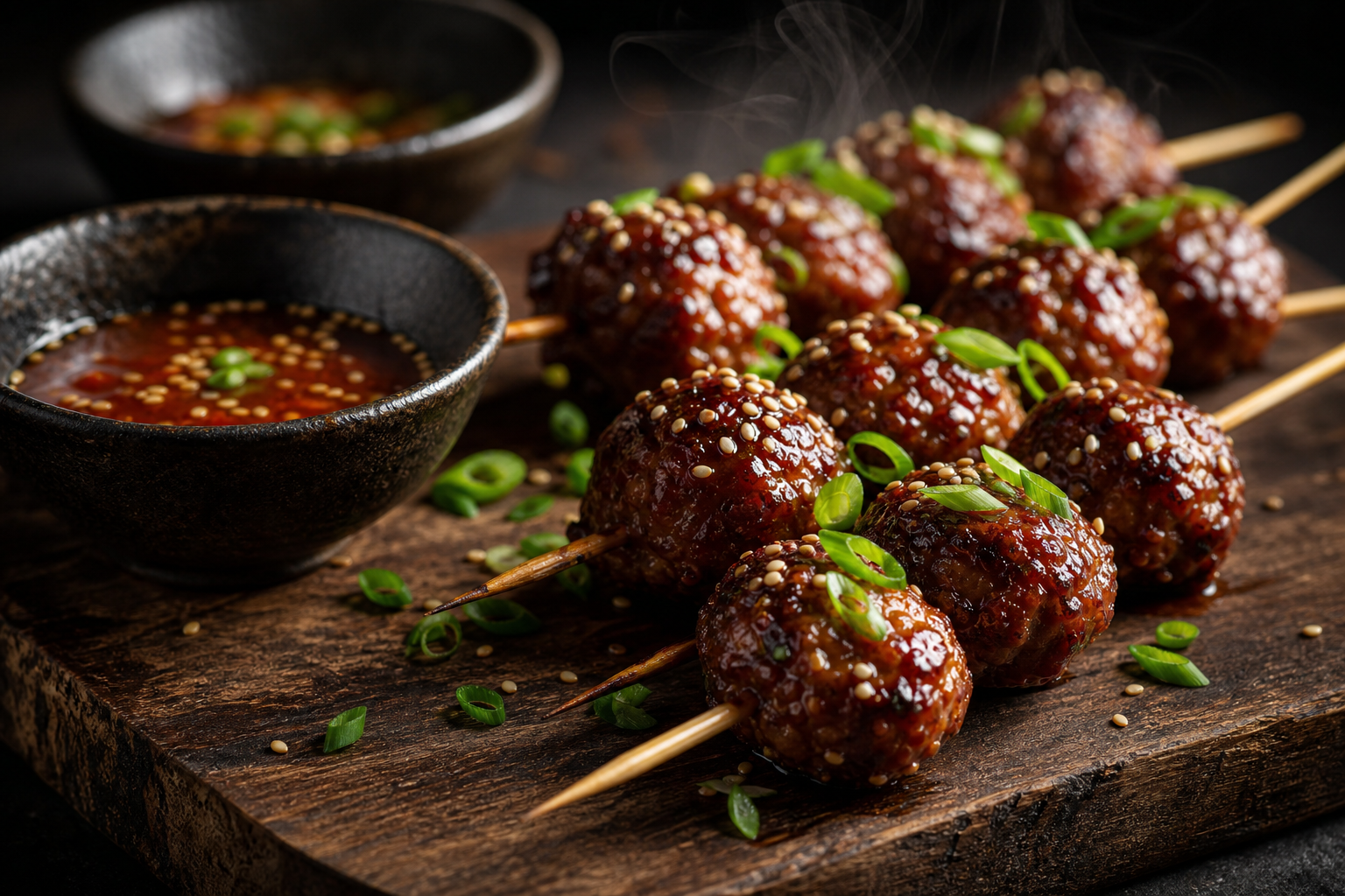 15 Meatball Recipe Ideas for Every Occasion 28 Asian-glazed meatball skewer appetizers on a dark wooden board with dipping sauces