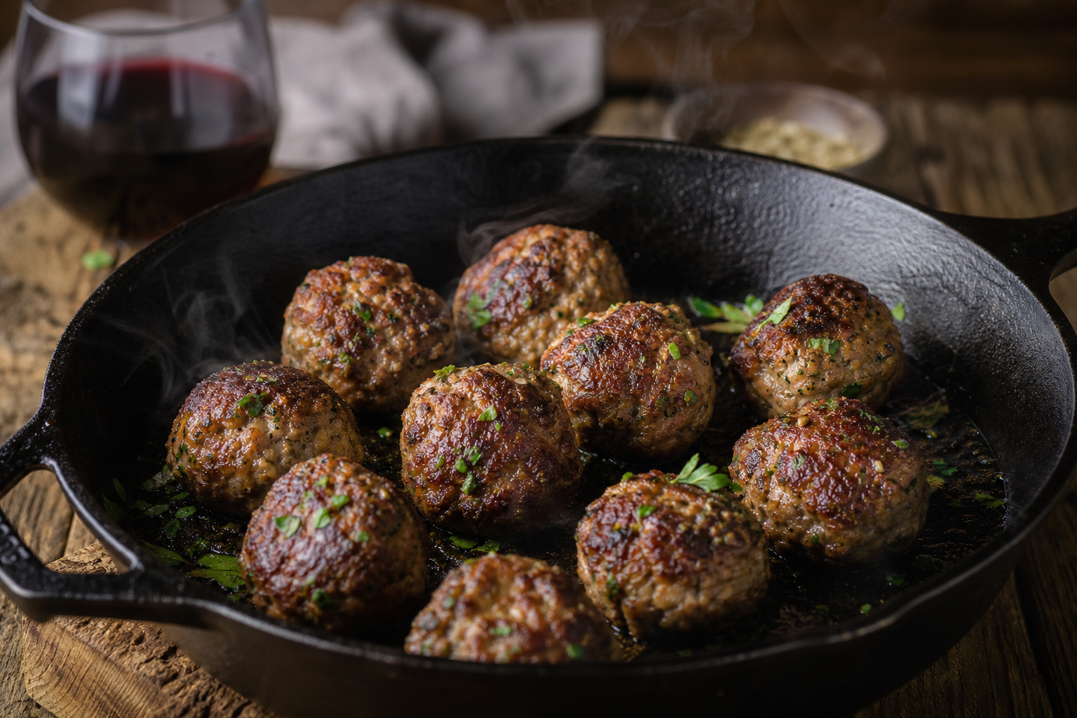 15 Meatball Recipe Ideas for Every Occasion 18 Pan-seared Italian meatballs in a cast iron skillet with golden crust and fresh herbs