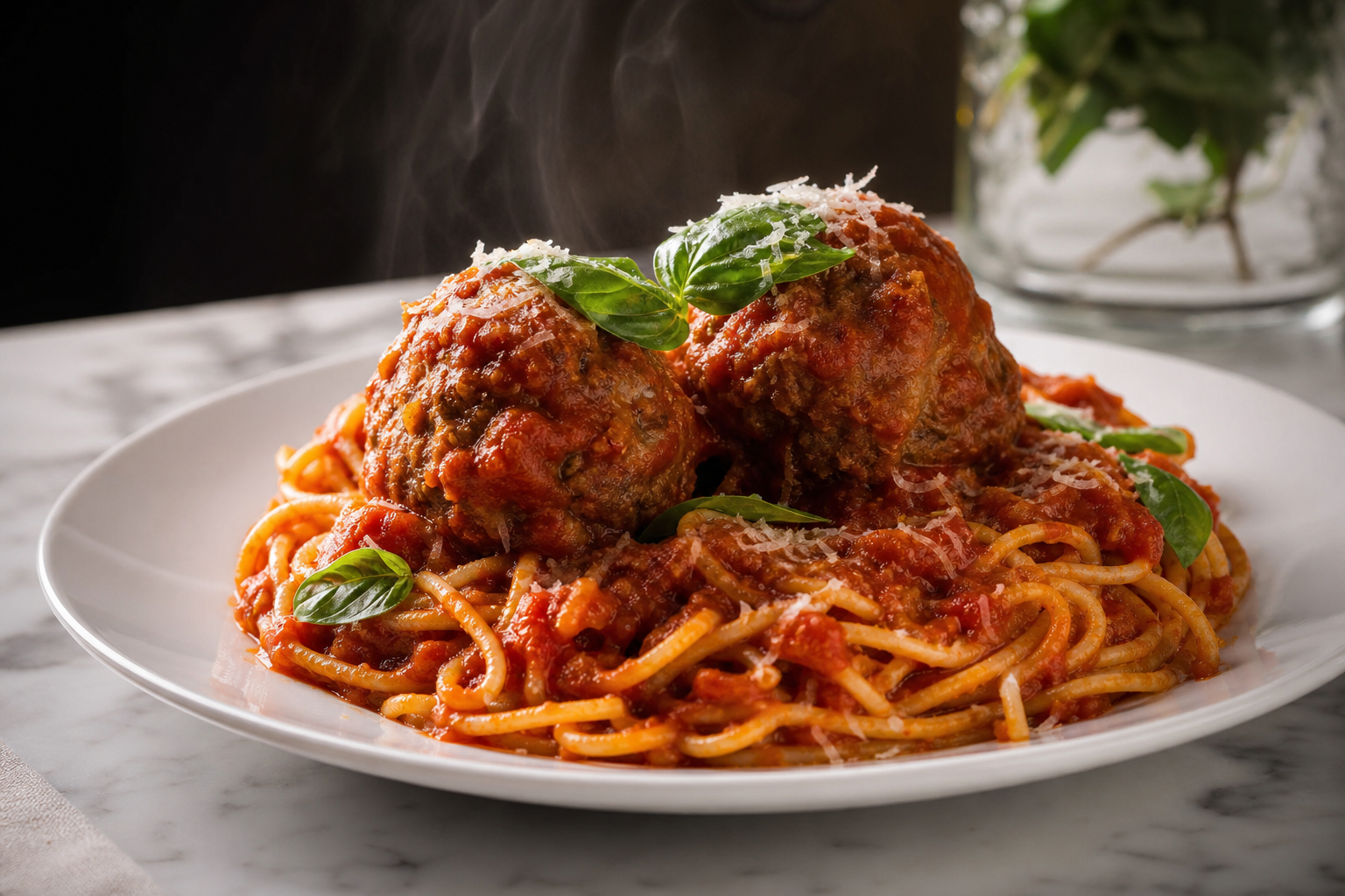 15 Meatball Recipe Ideas for Every Occasion 19 Spaghetti and meatballs on a white plate with marinara sauce and fresh basil garnish