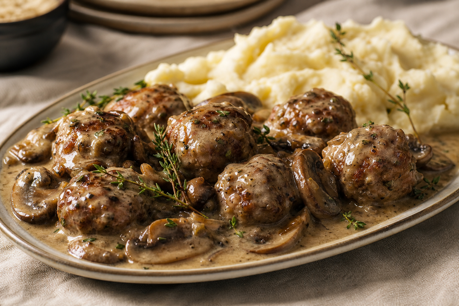 15 Meatball Recipe Ideas for Every Occasion 31 Meatballs in creamy mushroom white wine sauce on an oval platter with fresh thyme