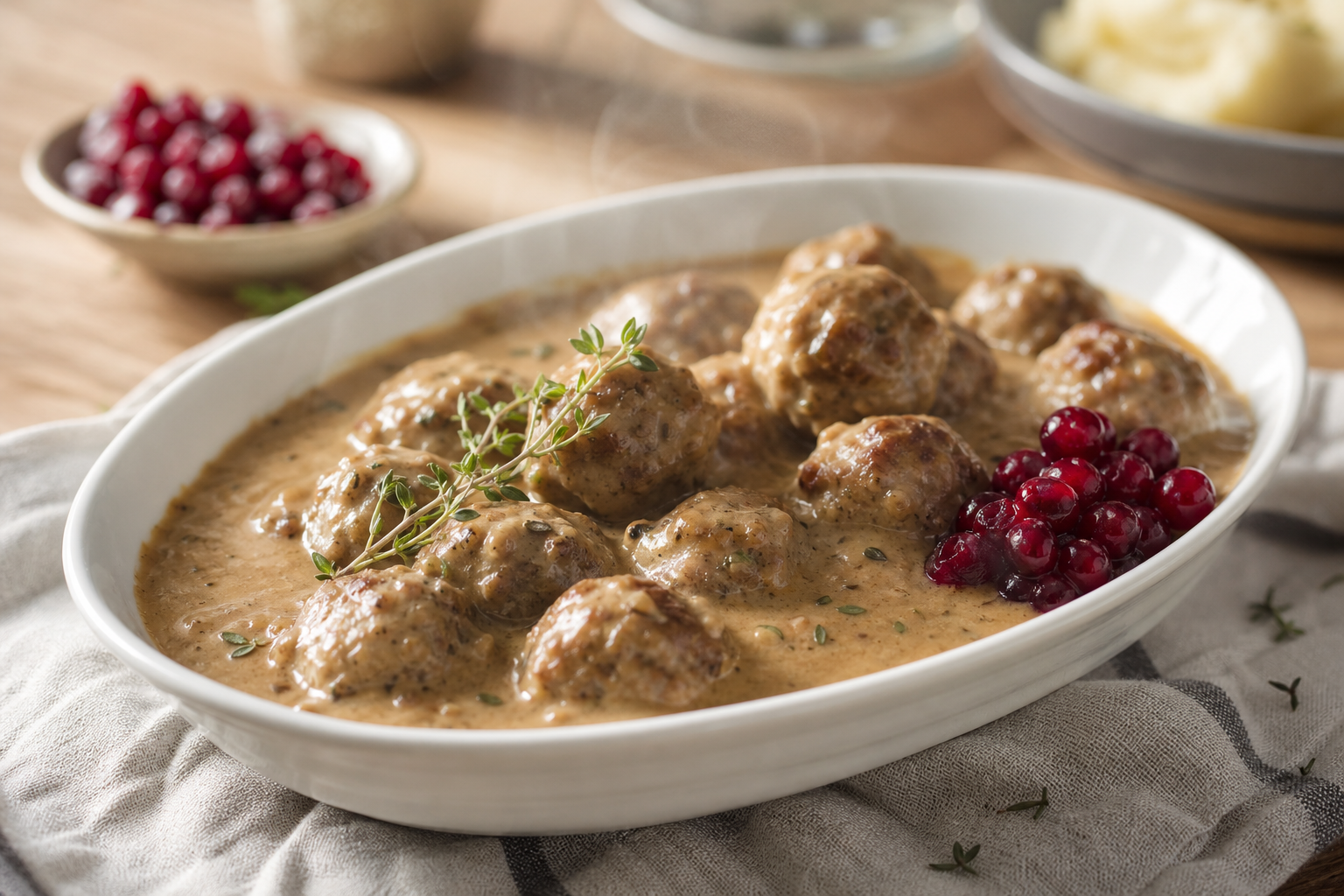 15 Meatball Recipe Ideas for Every Occasion 20 Swedish meatballs in creamy gravy served with lingonberries on a white oval dish
