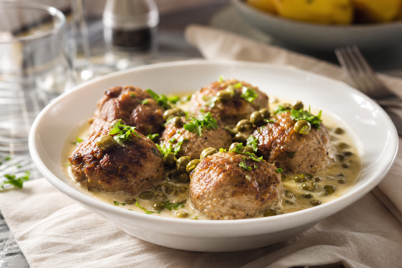 15 Meatball Recipe Ideas for Every Occasion 22 German pork meatballs in tangy caper cream sauce served in a white bowl
