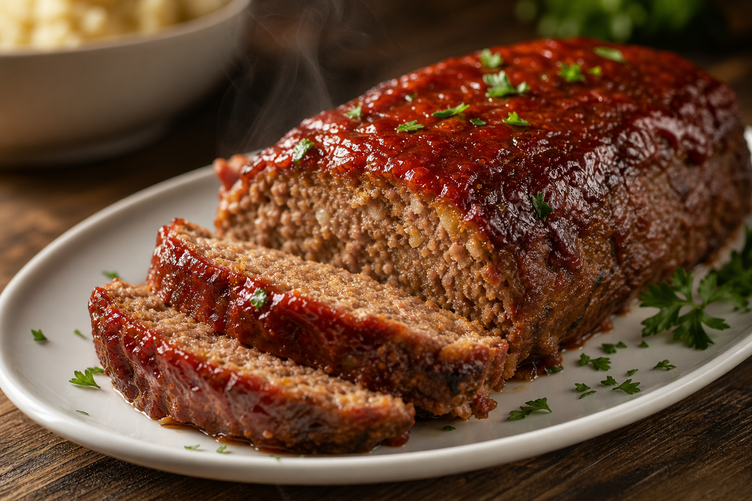12 Meatloaf Recipe Ideas Worth Making 14 Sliced classic glazed meatloaf on white platter with ketchup glaze and fresh parsley