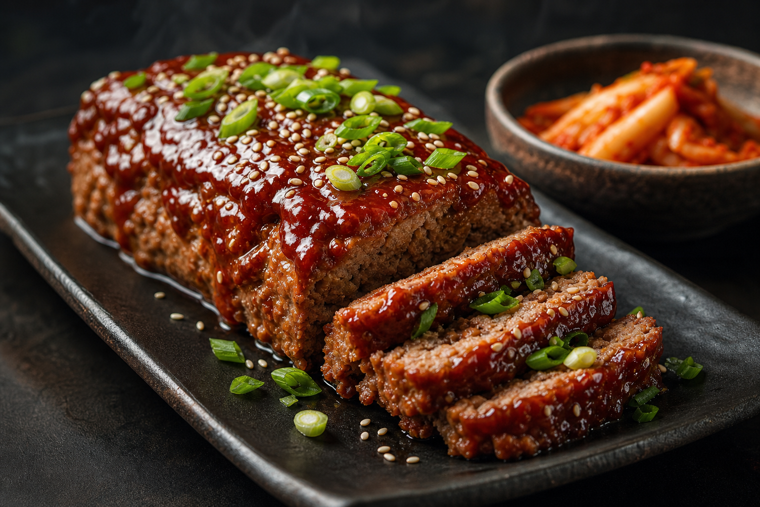 12 Meatloaf Recipe Ideas Worth Making 23 Korean gochujang glazed meatloaf sliced on dark plate with sesame seeds and kimchi