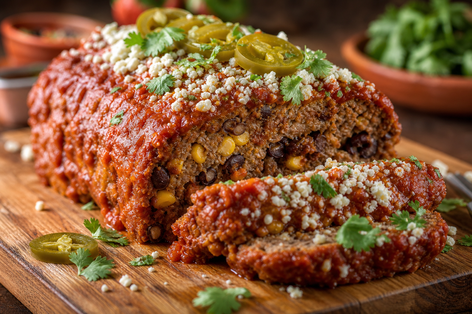 12 Meatloaf Recipe Ideas Worth Making 24 Mexican chipotle meatloaf on wooden board with cotija cheese corn and black bean filling