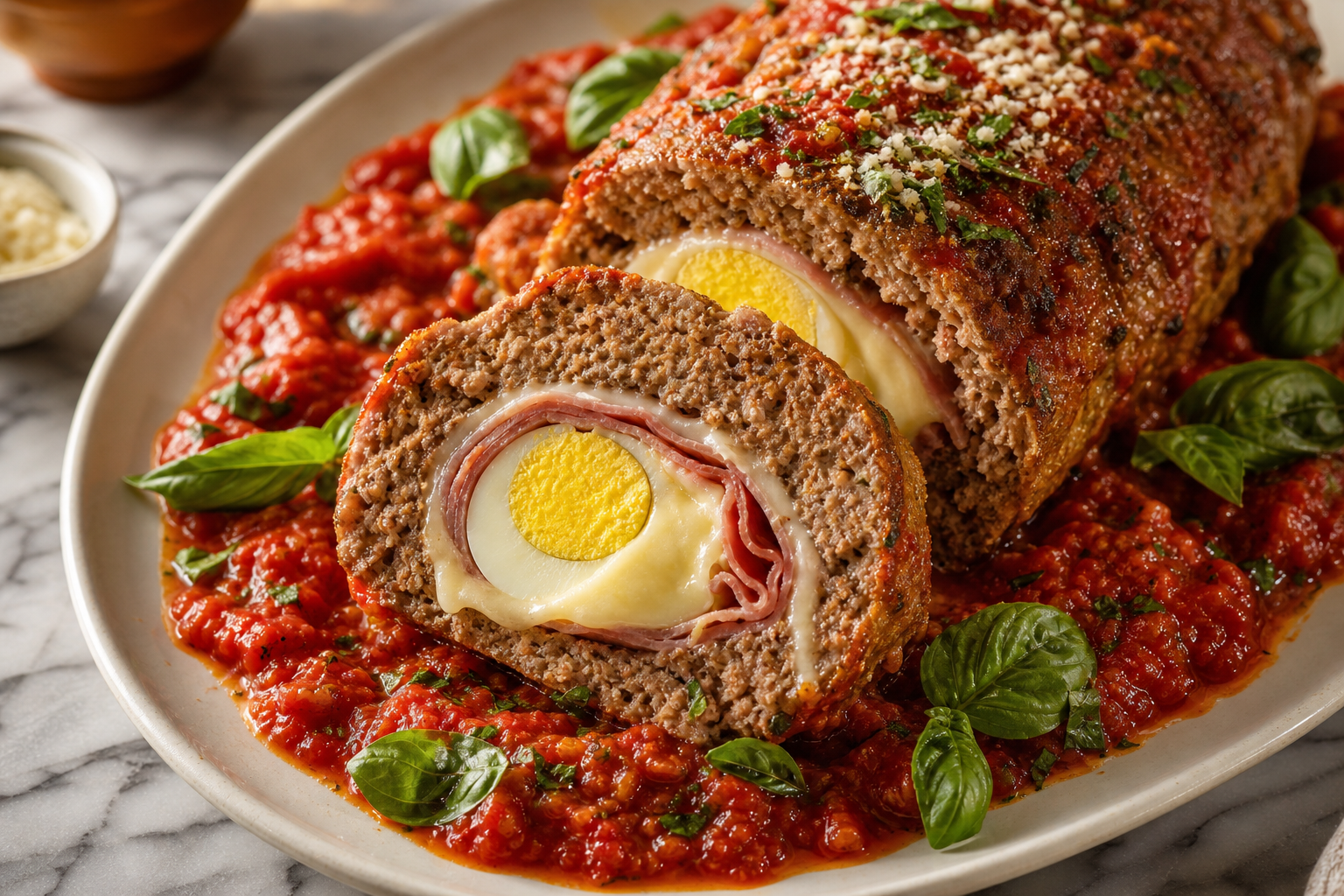 12 Meatloaf Recipe Ideas Worth Making 25 Italian polpettone meatloaf sliced on white platter revealing prosciutto egg and provolone filling