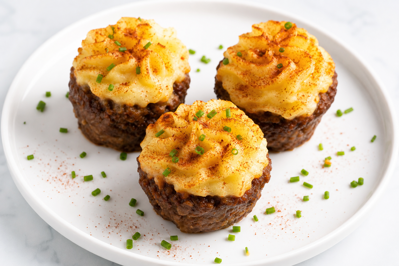 12 Meatloaf Recipe Ideas Worth Making 21 Mini meatloaf muffins topped with piped mashed potato rosettes and paprika on white plate