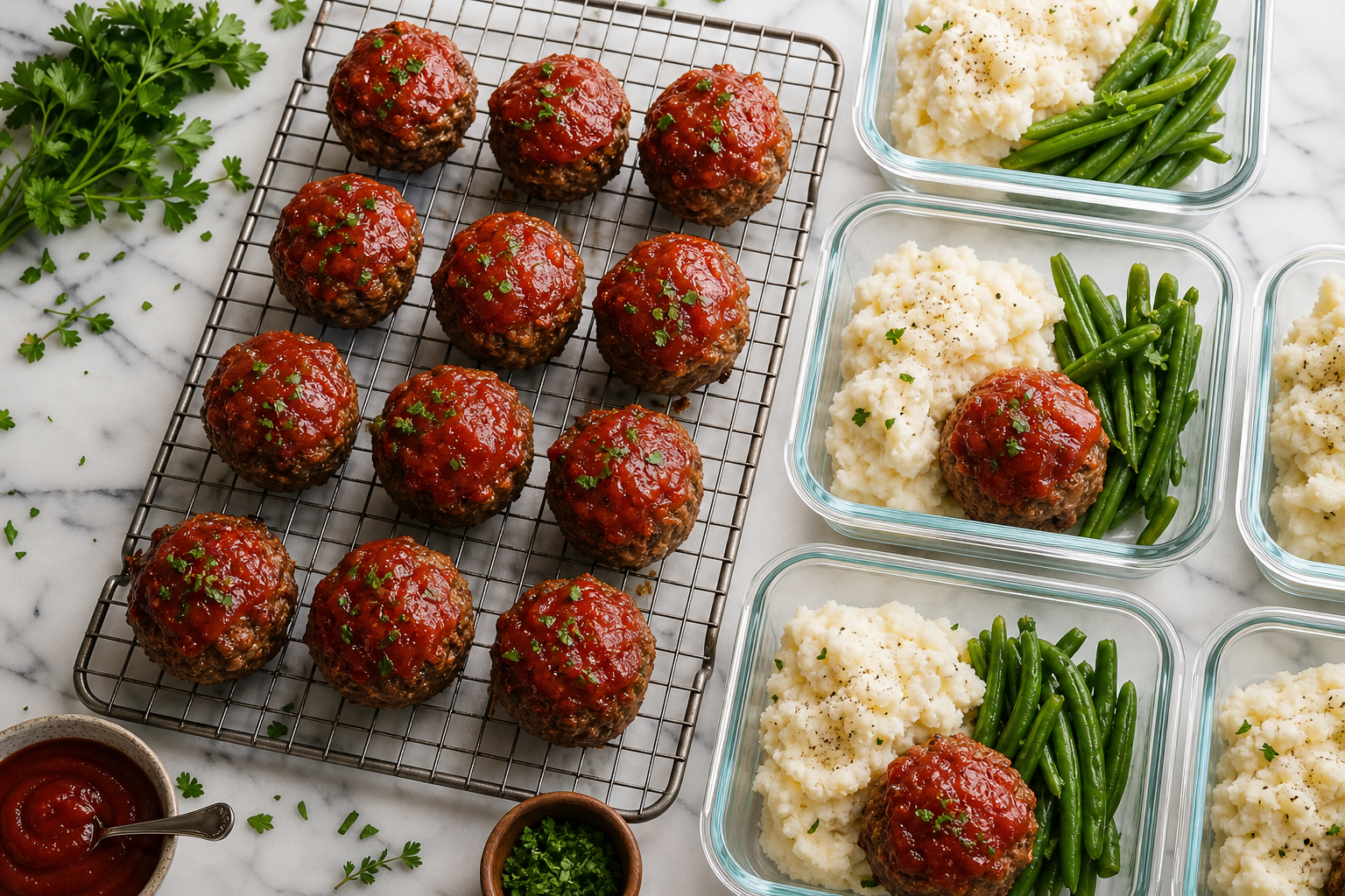 12 Meatloaf Recipe Ideas Worth Making 22 Twelve mini meatloaf muffins on cooling rack beside glass meal prep containers overhead view