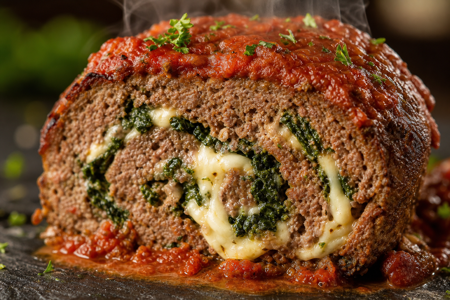 12 Meatloaf Recipe Ideas Worth Making 17 Cross-section of spinach and mozzarella stuffed meatloaf slice on dark slate board