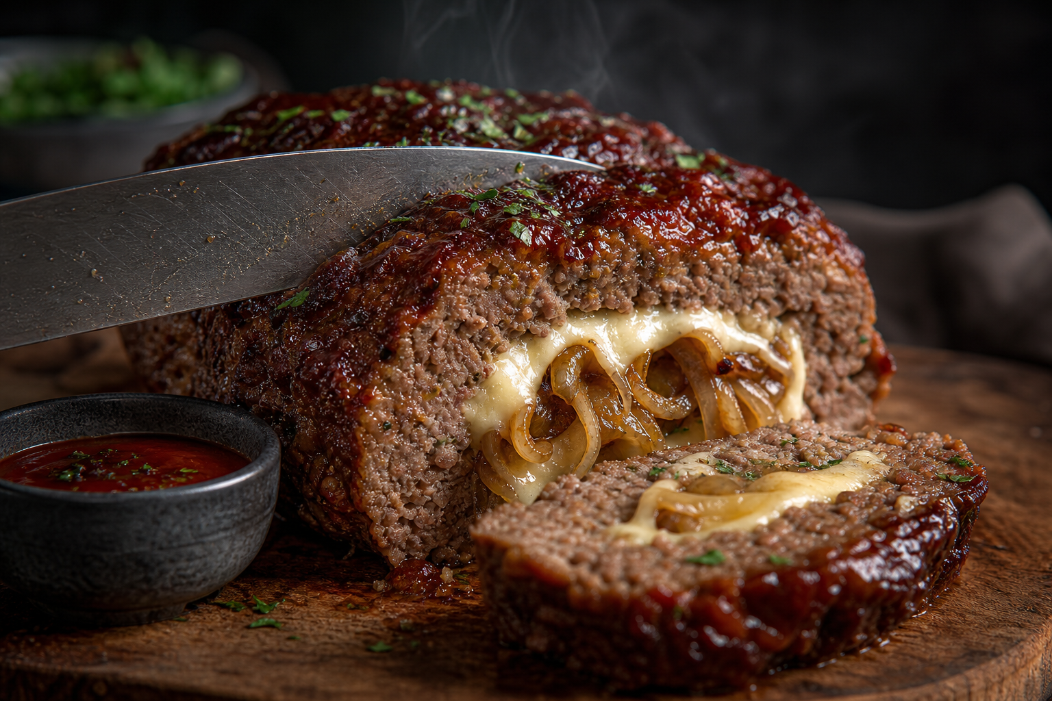 12 Meatloaf Recipe Ideas Worth Making 18 Sliced stuffed meatloaf on cutting board revealing caramelized onion and gruyere center