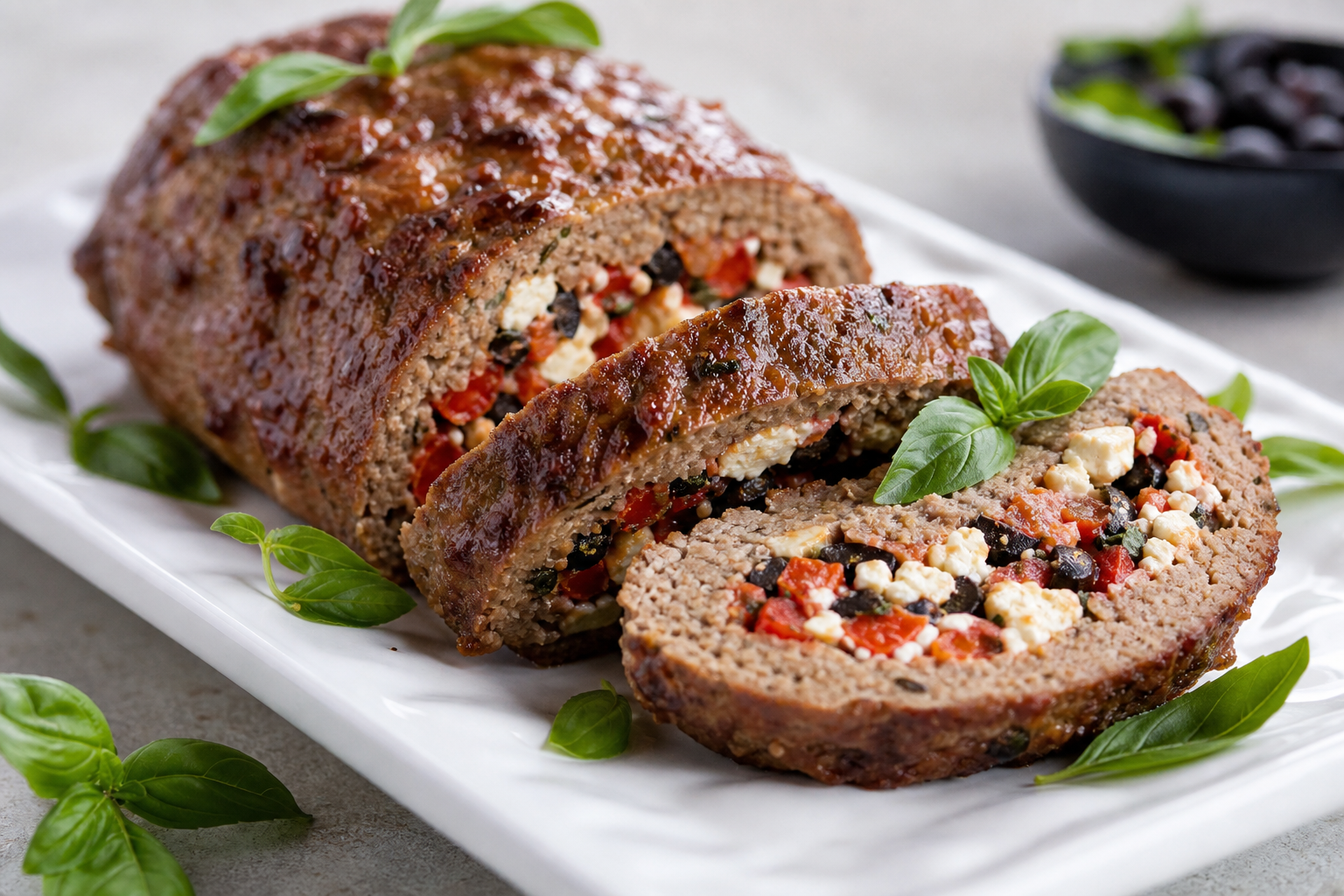 12 Meatloaf Recipe Ideas Worth Making 19 Stuffed meatloaf with roasted red pepper feta and olive filling on white platter