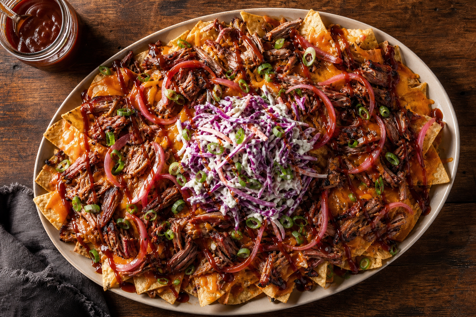 Overhead platter of BBQ pulled pork nachos with coleslaw pickled onions and BBQ sauce drizzle