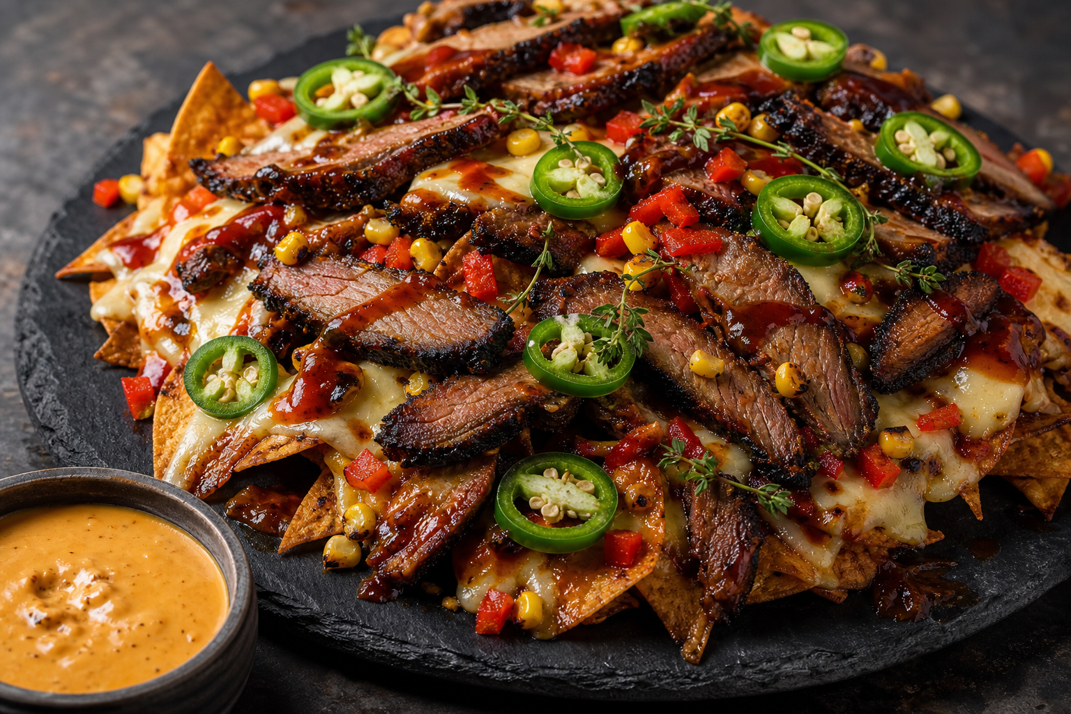 Close-up smoked brisket nachos on slate board with pepper jack cheese honey BBQ and charred corn