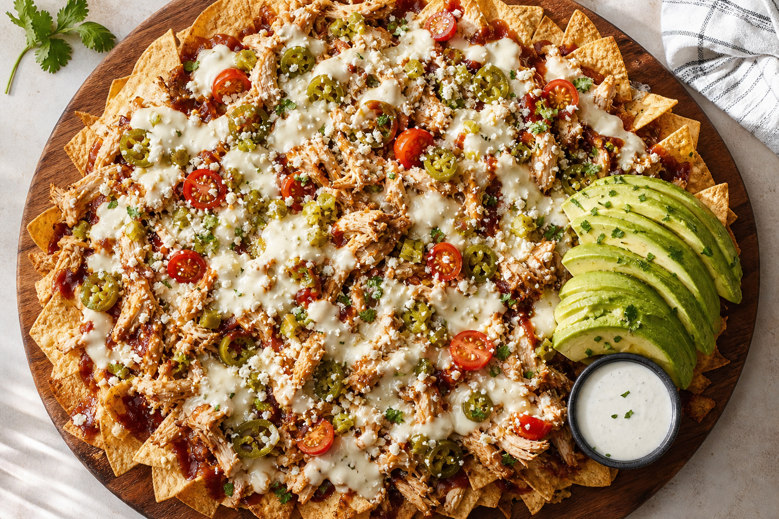 Flat-lay BBQ chicken nachos on wooden board with queso smoked chicken avocado and cotija cheese