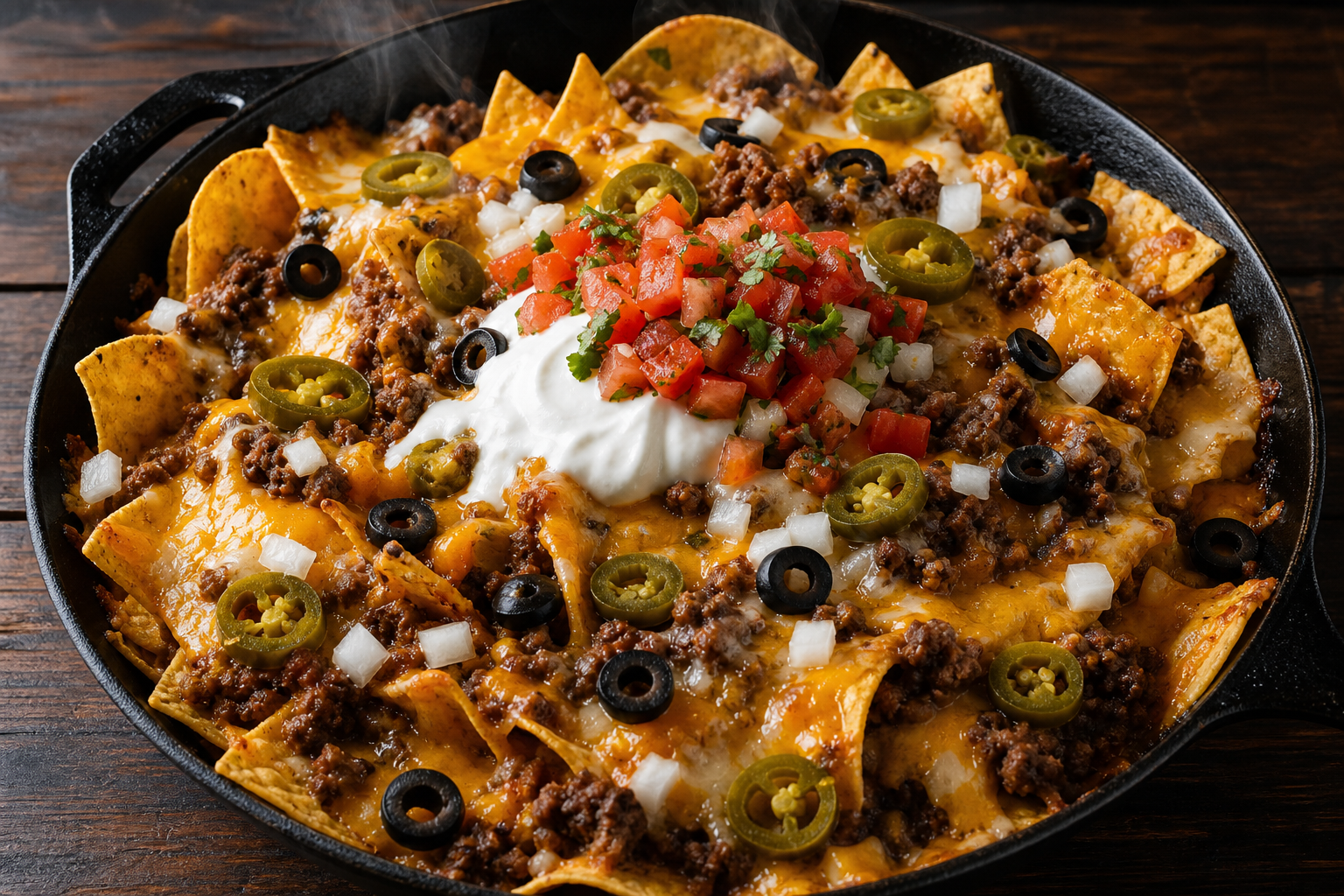 Overhead view of classic loaded nachos in a cast iron skillet with cheese beef and toppings