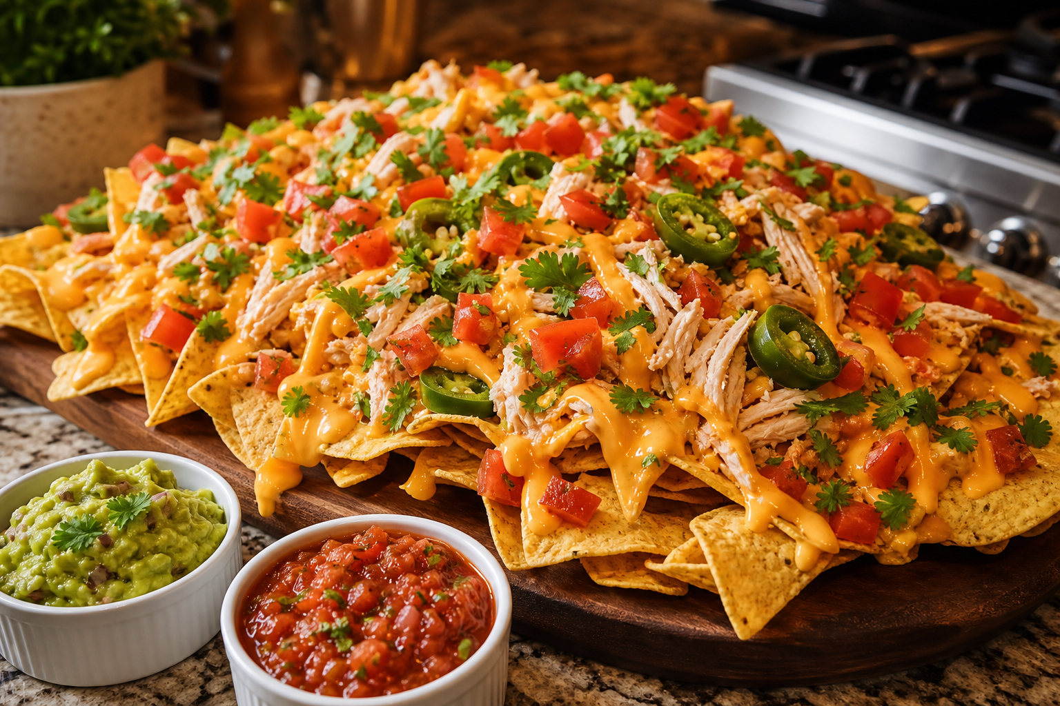 Side view of classic chicken nachos on a wooden board with cheese sauce guacamole and salsa