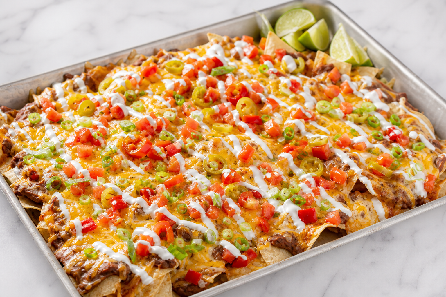Sheet pan classic nachos with melted cheese refried beans tomatoes and crema drizzle
