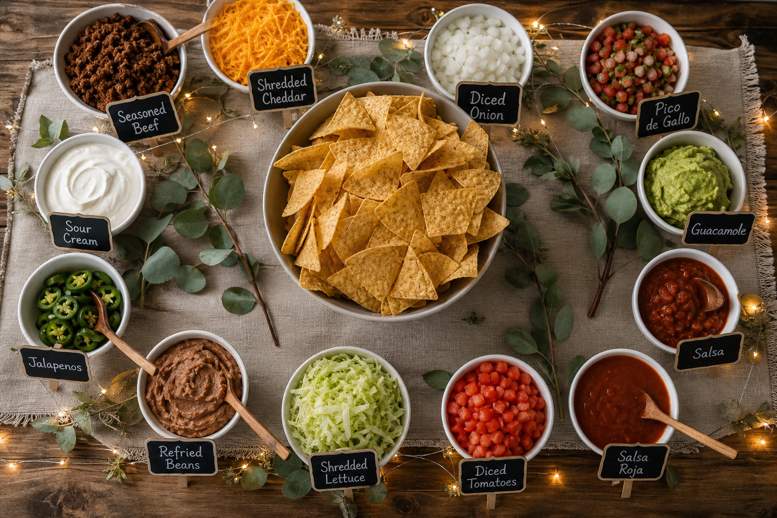Overhead Tex-Mex nacho party bar spread on farmhouse table with chips toppings ramekins and chalkboard signs
