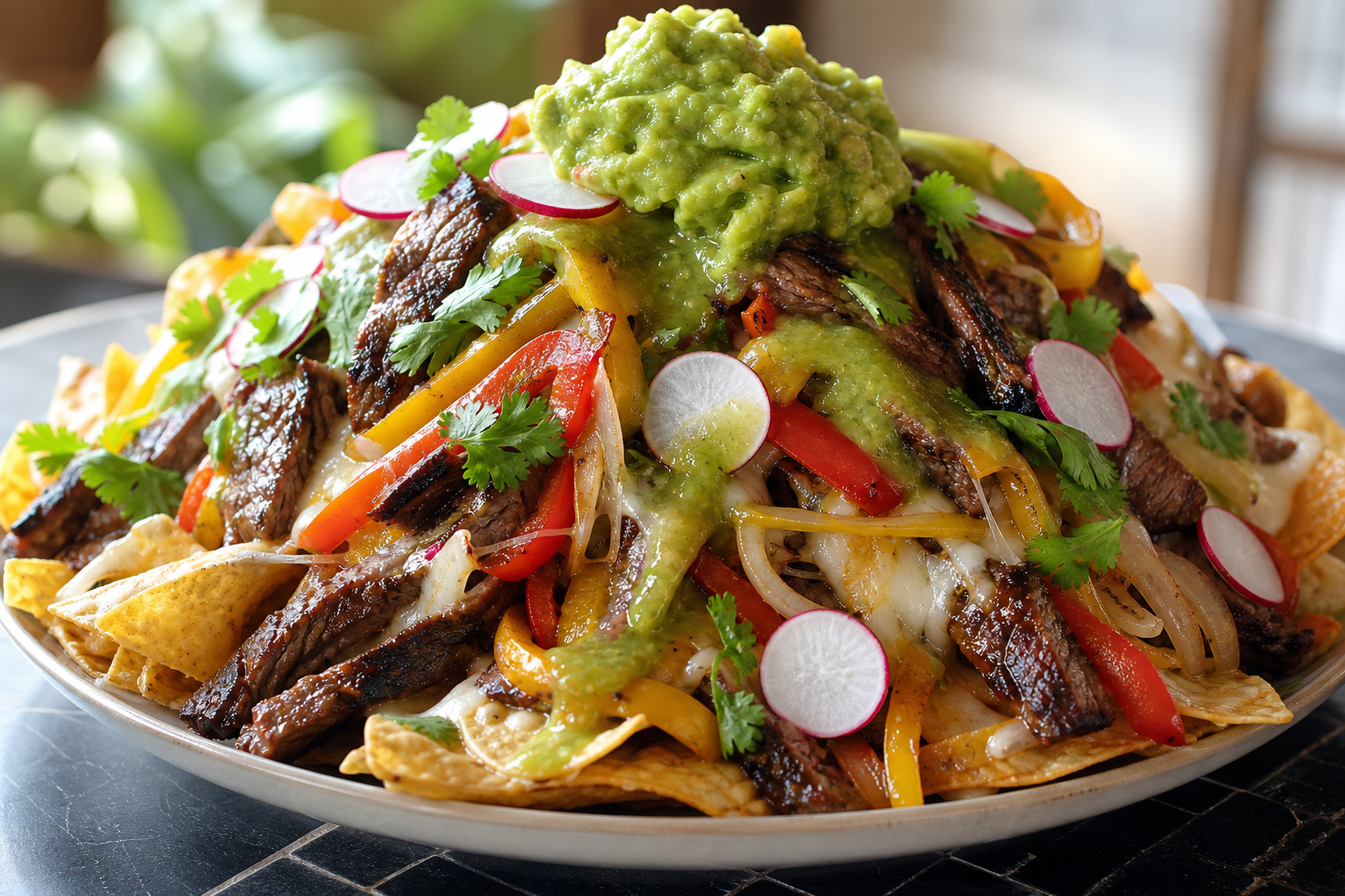 Close-up Tex-Mex fajita nachos with seared skirt steak peppers onion Oaxaca cheese and salsa verde