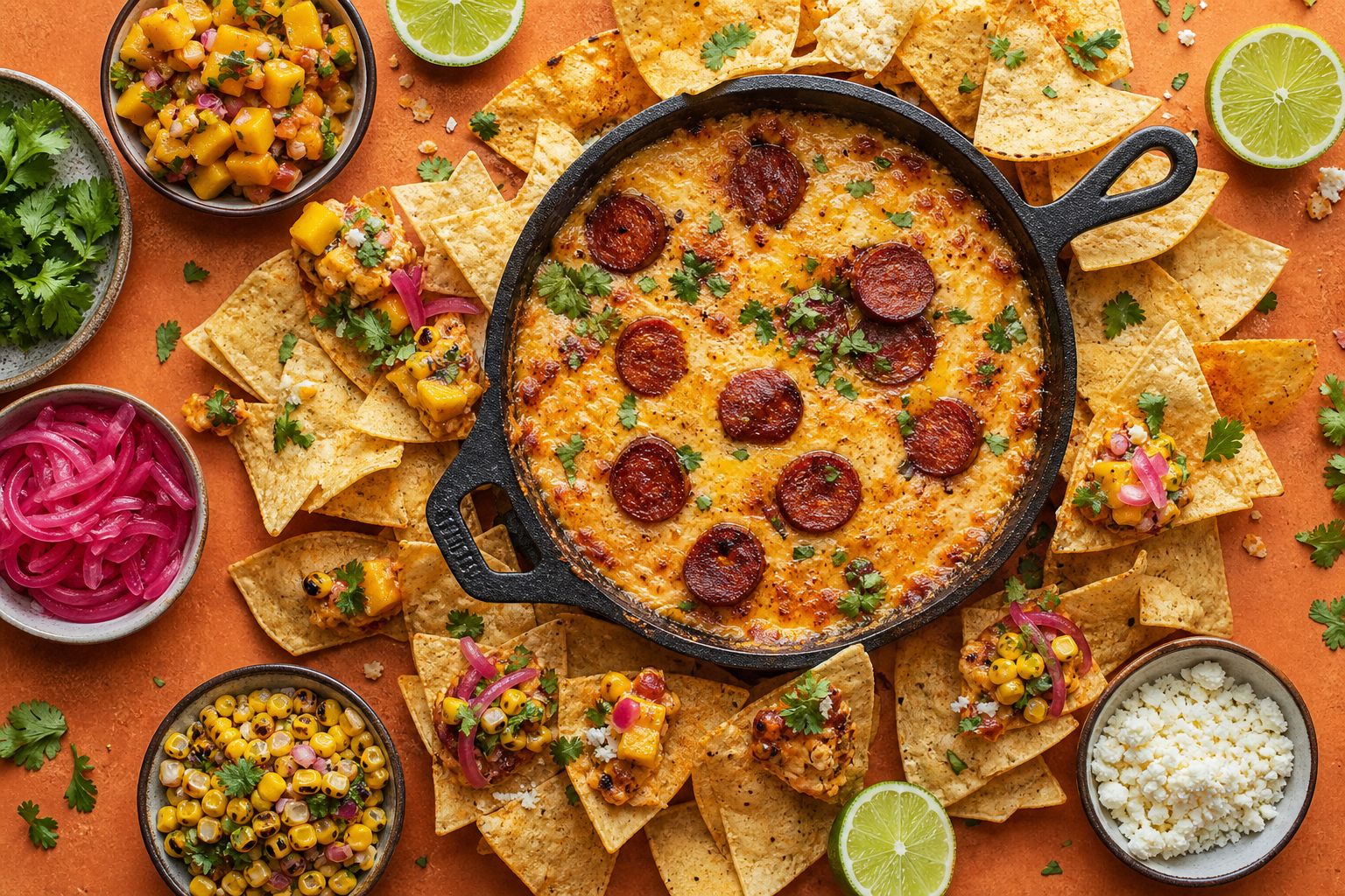 Overhead Tex-Mex nacho bar with chorizo queso fundido surrounded by chips mango salsa and toppings