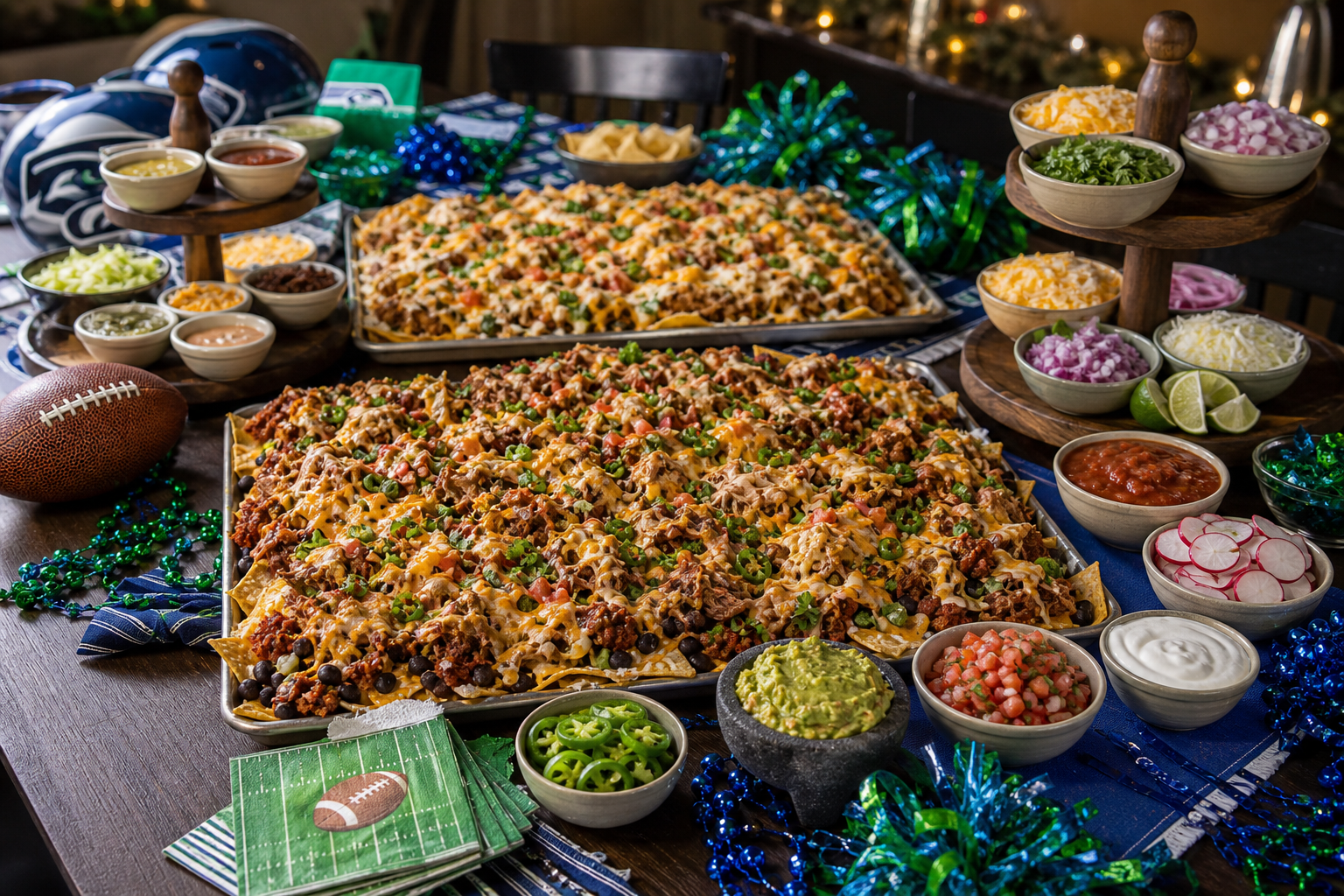 Wide dramatic game day nacho display on dining table with sheet pans tiered boards toppings and party decor